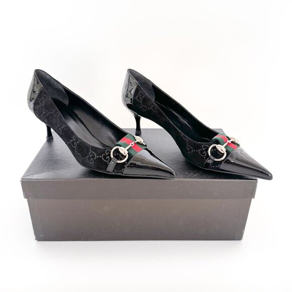 Gucci Shoes - Gucci Horsebit Web Stripe GG Pump Size 7.5 Black Suede Pointed Toe Kitten Heel